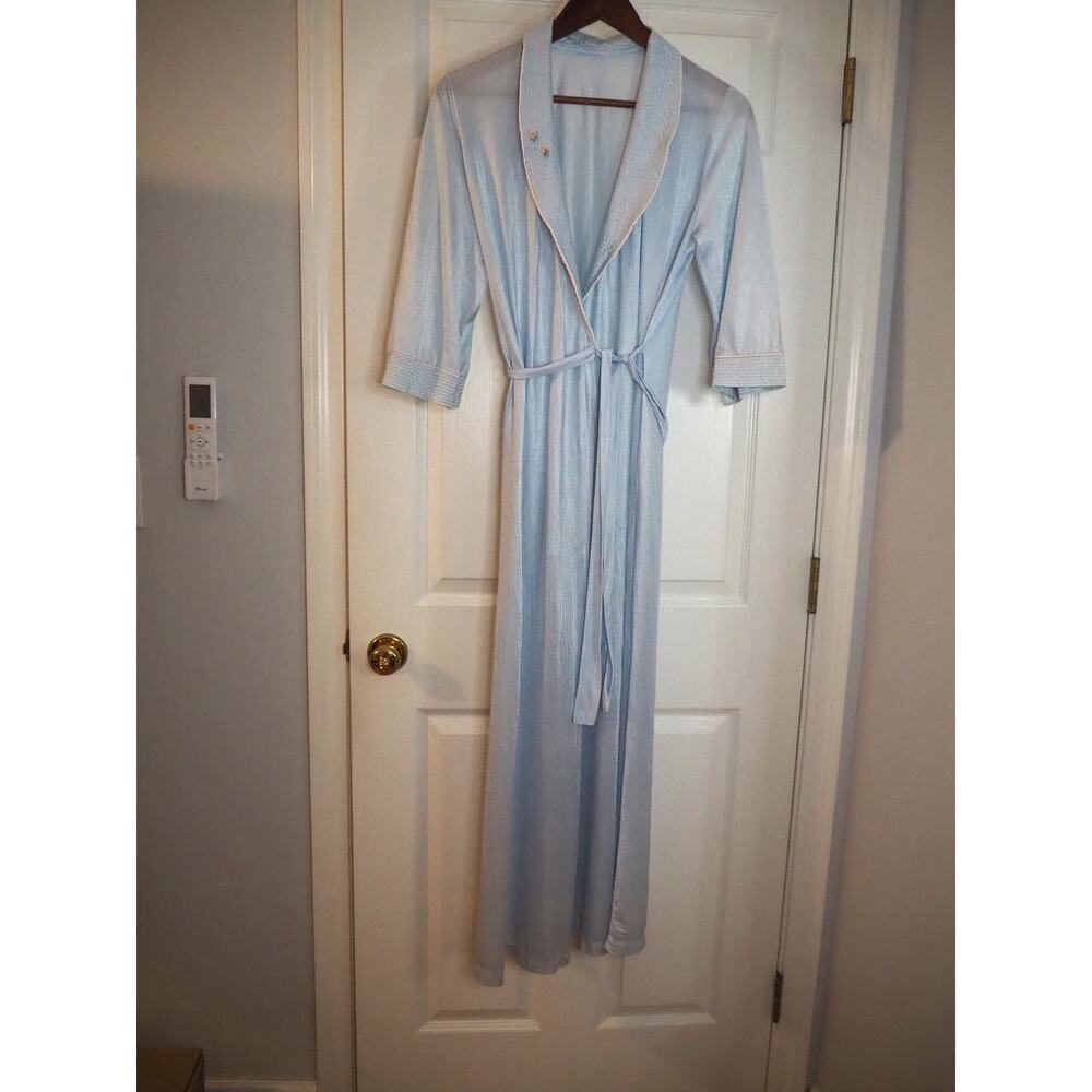 Vintage H H Light Blue Nylon Robe Housecoat Tie Waist Shawl Collar Women's M